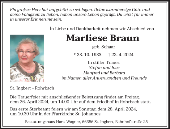Todesanzeige von Marliese Braun von saarbruecker_zeitung