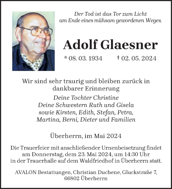 Todesanzeige von Adolf Glaesner von saarbruecker_zeitung