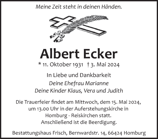 Todesanzeige von Albert Ecker von saarbruecker_zeitung