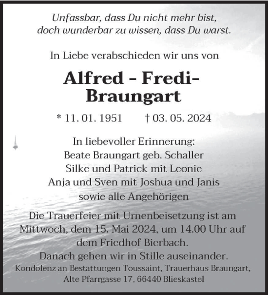 Todesanzeige von Alfred-Fredi Braungart von saarbruecker_zeitung