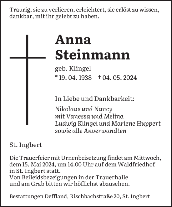 Todesanzeige von Anna Steinmann von saarbruecker_zeitung