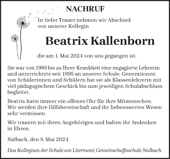 Todesanzeige von Beatrix Kallenborn von saarbruecker_zeitung