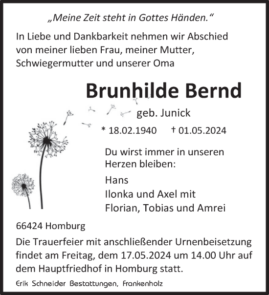 Todesanzeige von Brunhilde Bernd von saarbruecker_zeitung