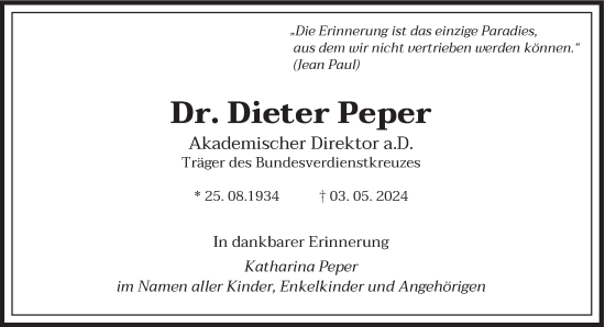 Todesanzeige von Dieter Peper von saarbruecker_zeitung
