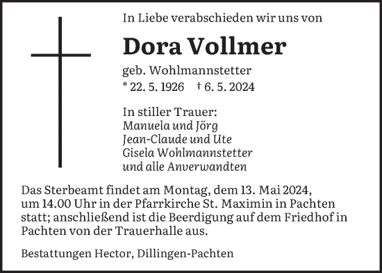 Todesanzeige von Dora Vollmer von saarbruecker_zeitung