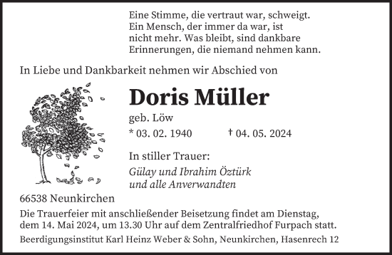 Todesanzeige von Doris Müller von saarbruecker_zeitung