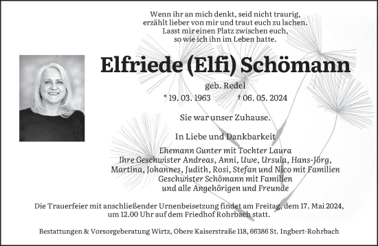 Todesanzeige von Elfriede  Schömann von saarbruecker_zeitung
