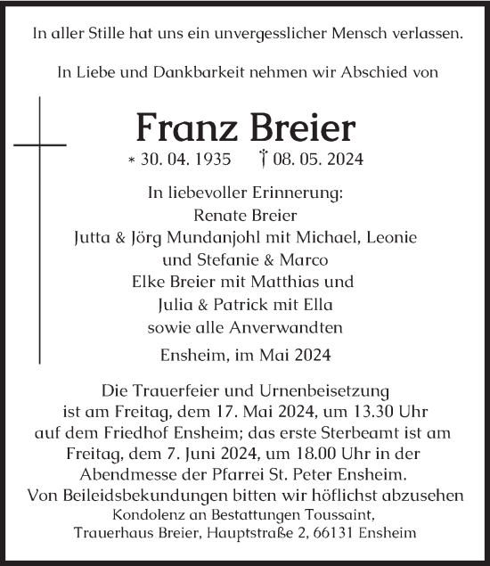 Todesanzeige von Franz Breier von saarbruecker_zeitung