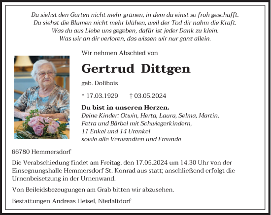 Todesanzeige von Gertrud Dittgen von saarbruecker_zeitung