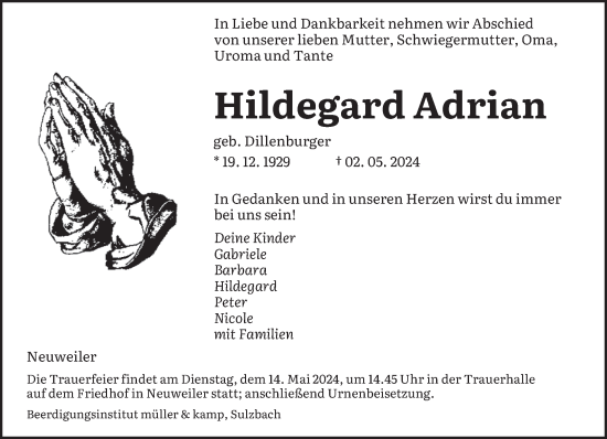 Todesanzeige von Hildegard Adrian von saarbruecker_zeitung