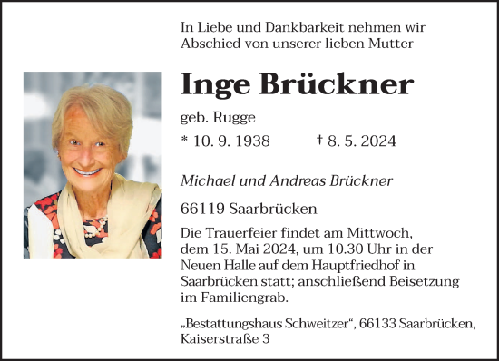 Todesanzeige von Inge Brückner von saarbruecker_zeitung