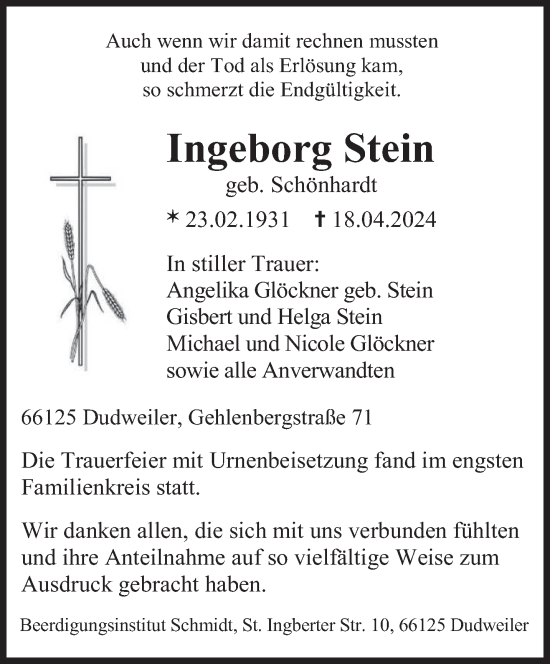 Todesanzeige von Ingeborg Stein von saarbruecker_zeitung