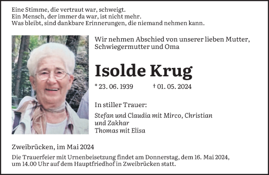 Todesanzeige von Isolde Krug von saarbruecker_zeitung