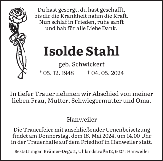 Todesanzeige von Isolde Stahl von saarbruecker_zeitung