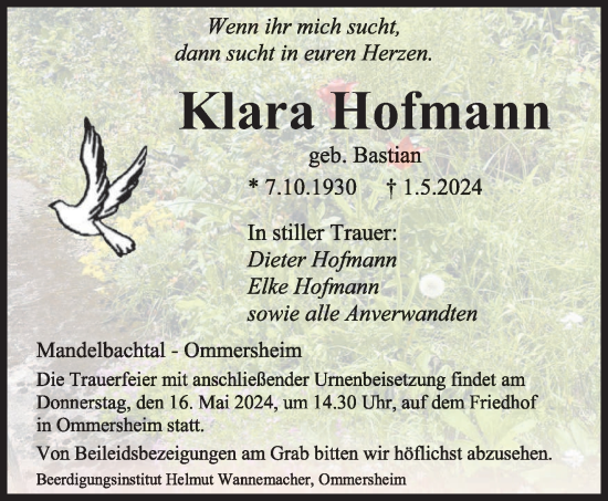 Todesanzeige von Klara Hofmann von saarbruecker_zeitung