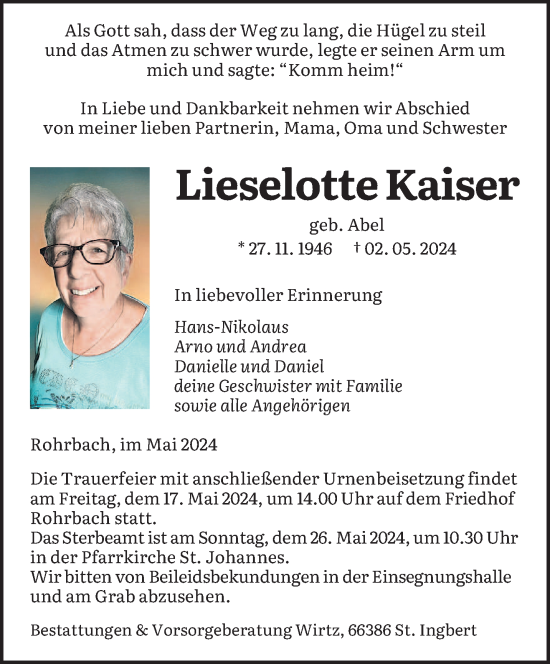 Todesanzeige von Lieselotte Kaiser von saarbruecker_zeitung