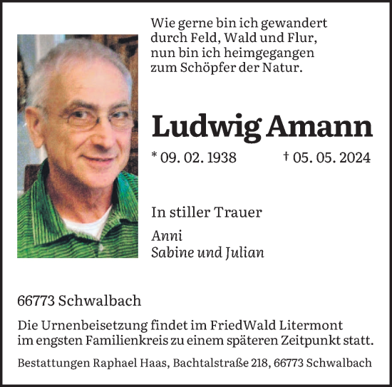 Todesanzeige von Ludwig Amann von saarbruecker_zeitung