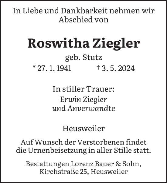 Todesanzeige von Roswitha Ziegler von saarbruecker_zeitung