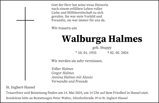 Todesanzeige von Walburga Halmes von saarbruecker_zeitung