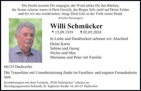 Todesanzeige von Willi Schmücker von saarbruecker_zeitung
