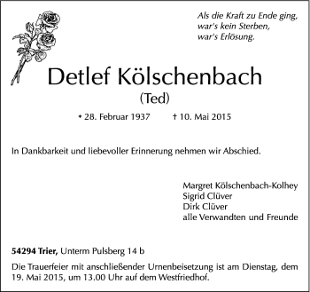 Todesanzeige von Detlef Kölschenbach von trierischer_volksfreund