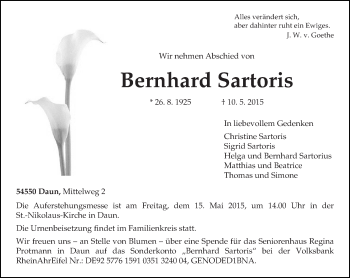 Todesanzeige von Bernhard Sartoris von trierischer_volksfreund