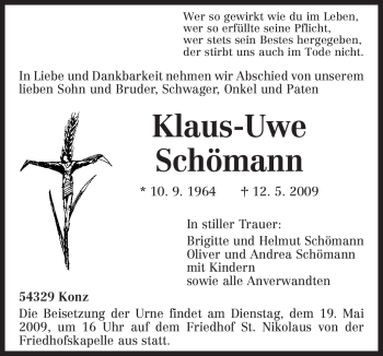 Todesanzeige von Klaus-Uwe Schömann von TRIERISCHER VOLKSFREUND