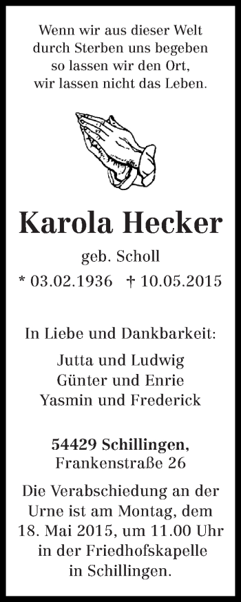 Todesanzeige von Karola Hecker von trierischer_volksfreund