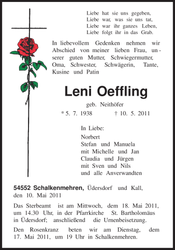 Todesanzeige von Leni Oeffling von TRIERISCHER VOLKSFREUND