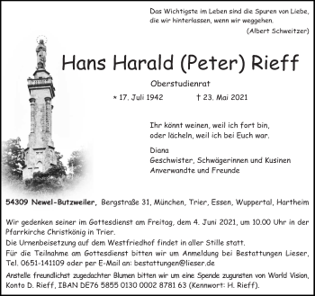 Todesanzeige von Hans Harald Rieff von trierischer_volksfreund