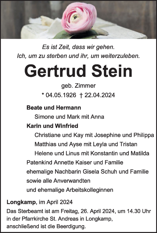 Todesanzeige von Gertrud Stein von trierischer_volksfreund