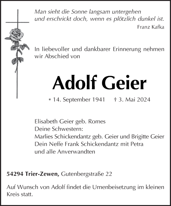 Todesanzeige von Adolf Geier von trierischer_volksfreund