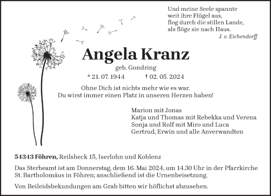 Todesanzeige von Angela Kranz von trierischer_volksfreund