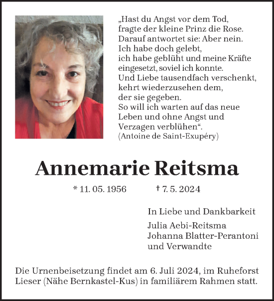 Todesanzeige von Annemarie Reitsma von trierischer_volksfreund