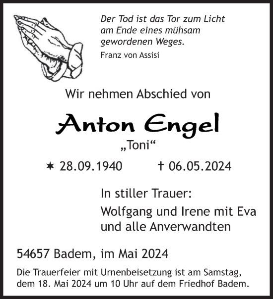 Todesanzeige von Anton Engel von trierischer_volksfreund