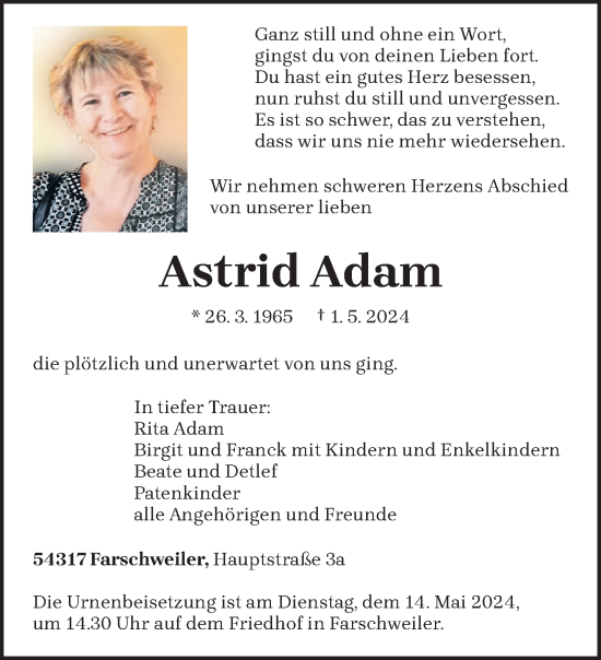 Todesanzeige von Astrid Adam von trierischer_volksfreund