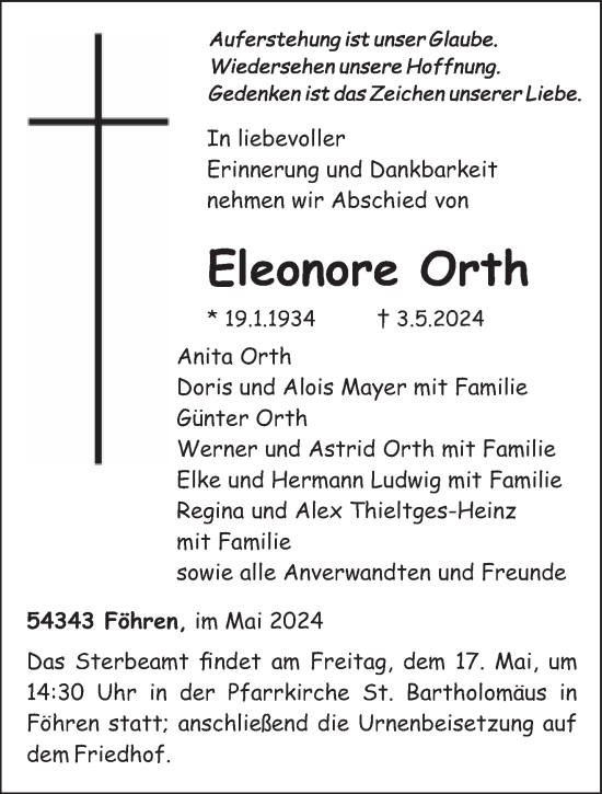 Todesanzeige von Eleonore Orth von trierischer_volksfreund