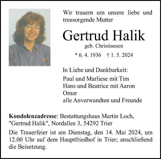 Todesanzeige von Gertrud Halik von trierischer_volksfreund