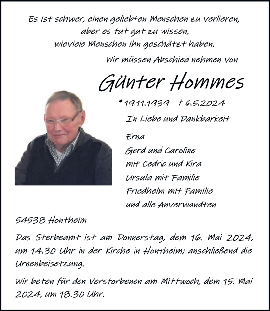 Todesanzeige von Günter Hommes von trierischer_volksfreund