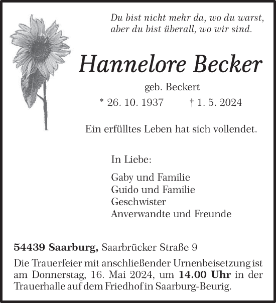 Todesanzeige von Hannelore Becker von trierischer_volksfreund