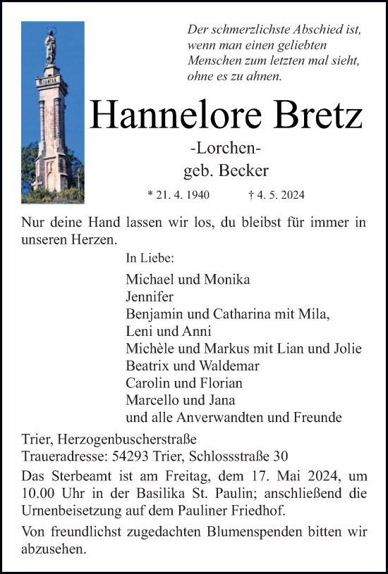 Todesanzeige von Hannelore Bretz von trierischer_volksfreund