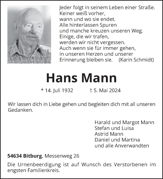 Todesanzeige von Hans Mann von trierischer_volksfreund