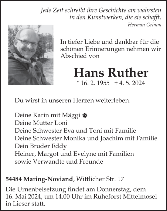 Todesanzeige von Hans Ruther von trierischer_volksfreund