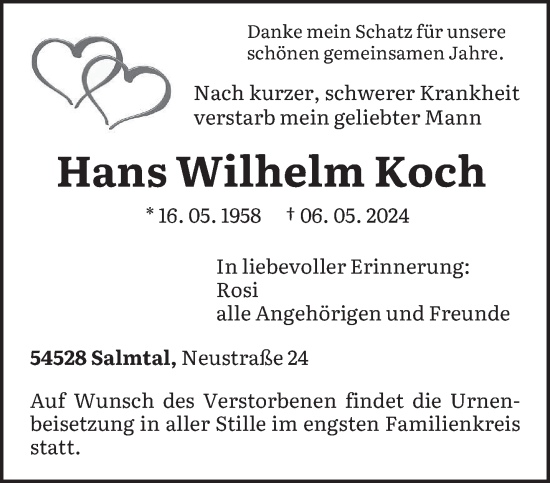 Todesanzeige von Hans Wilhelm Koch von trierischer_volksfreund
