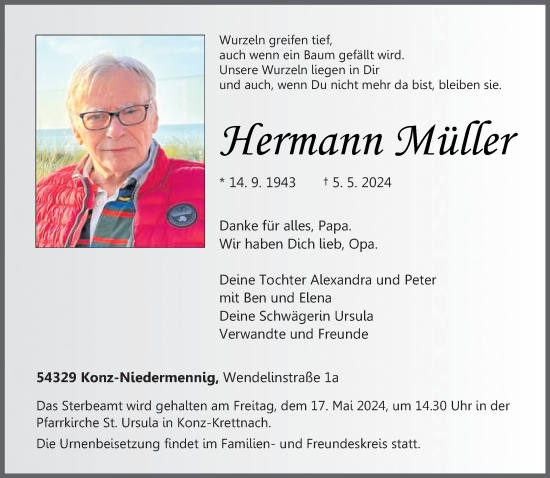Todesanzeige von Hermann Müller von trierischer_volksfreund