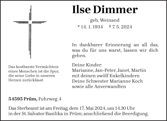 Todesanzeige von Ilse Dimmer von trierischer_volksfreund