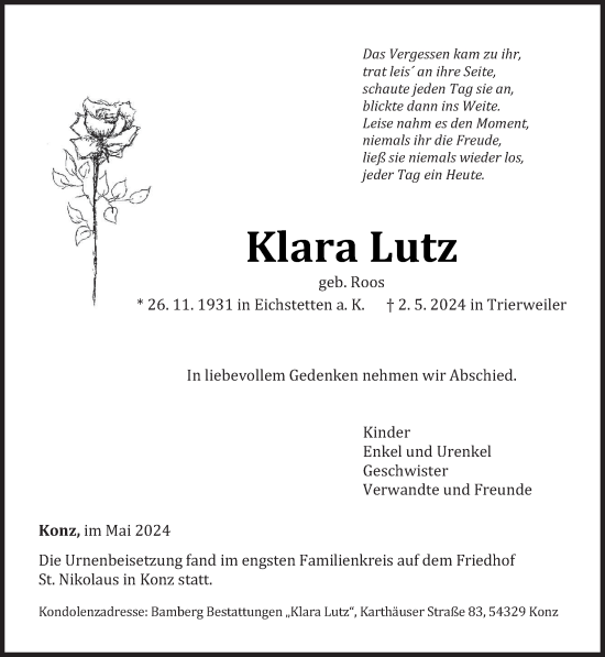 Todesanzeige von Klara Lutz von trierischer_volksfreund