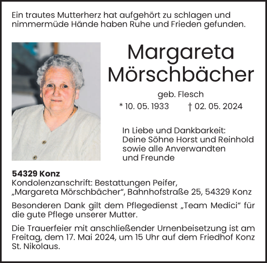 Todesanzeige von Margareta Mörschbächer von trierischer_volksfreund