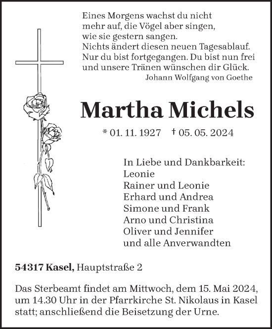 Todesanzeige von Martha Michels von trierischer_volksfreund