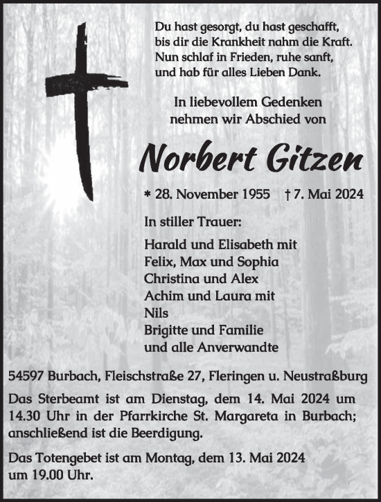 Todesanzeige von Norbert Gitzen von trierischer_volksfreund